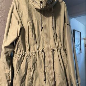 Columbia Women's mint green rain protection jacketed with hood.